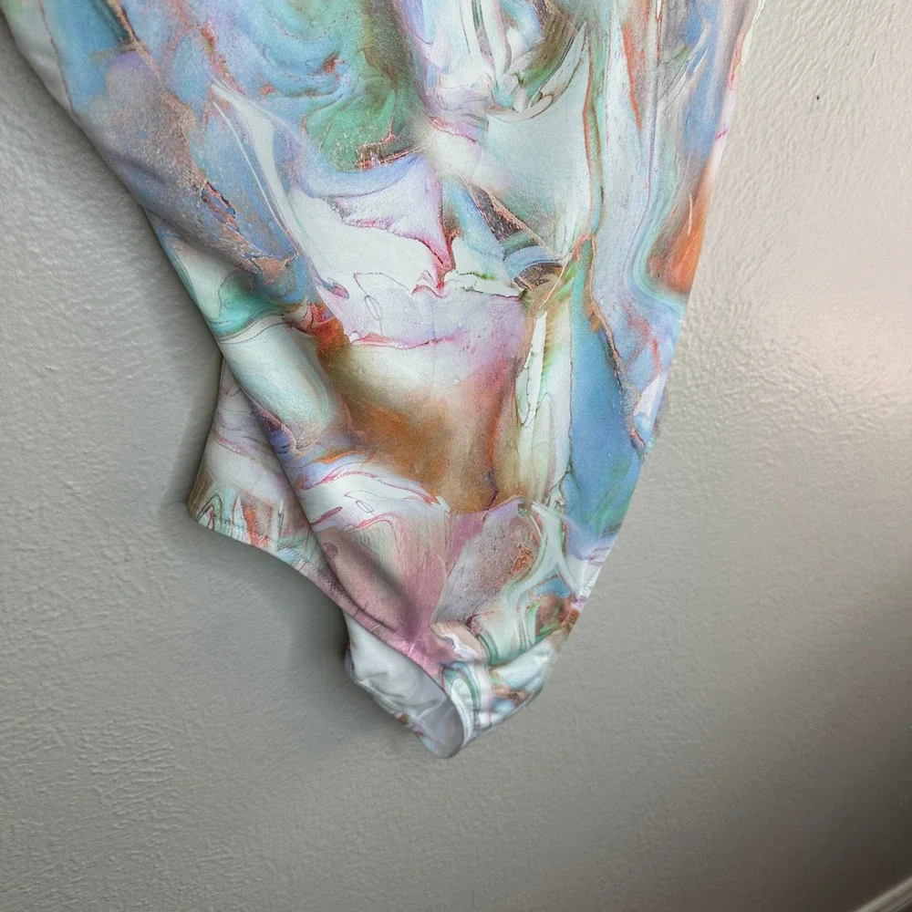Johnny Was Calme Multi Rainbow Marble‎ Print One-Piece Abstract Swimsuit XL NWOT